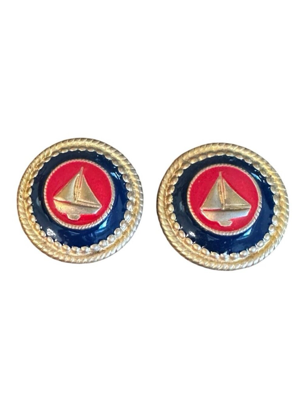 Vintage Nautical Sailboat Clip On Earrings Red Blue‎ Round 1 in Resortwear
